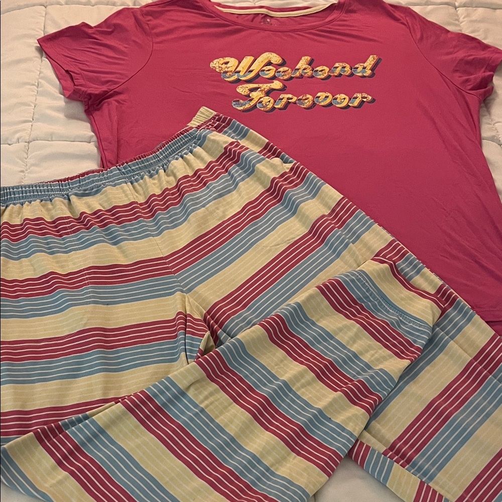 Pink & Multi-Stripe Womens Pajama Set - Short Sleeve Top & Striped long Pants